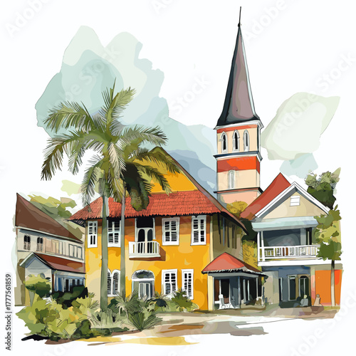 Paramaribo Historic Inner City. Paramaribo Historic Inner City hand drawn watercolor illustration