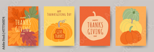 Set of textured Thanksgiving greeting cards with pumpkins and autumn leaves in warm orange and yellow tones. Seasonal collection with festive typography