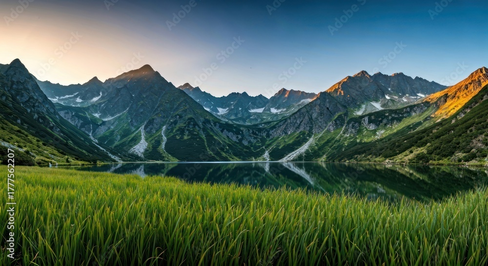 Fototapeta premium Scenic panoramic view of a mountain lake, green grass, and majestic peaks at sunset