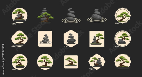 Collection of stylized bonsai trees and stacked stone zen garden illustrations.