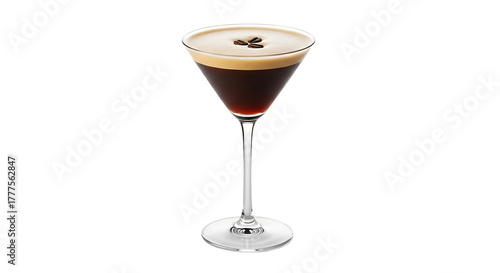 An elegant espresso martini in a classic glass, garnished with coffee beans, stands out on a simple transparent background.