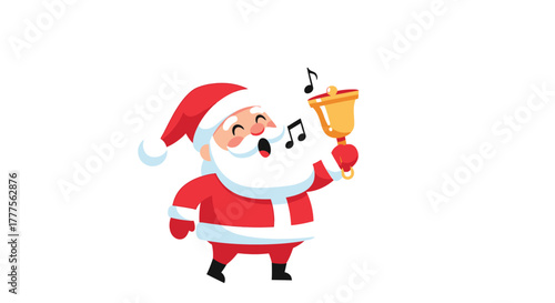 Cartoon Santa Claus joyfully rings a golden bell, musical notes floating around him.