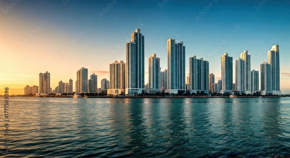 Fototapeta premium Skyline of numerous modern skyscrapers reflecting on calm ocean waters at dusk
