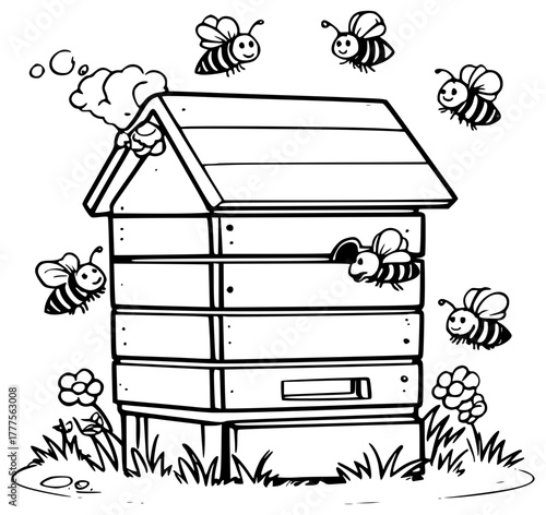 A big hive with a bunch of bees flying around