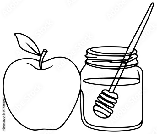 Apple and jar of honey (line outline on table)