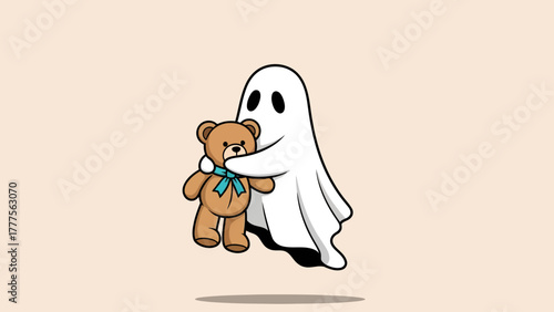 A white cartoon ghost hugs a brown teddy bear