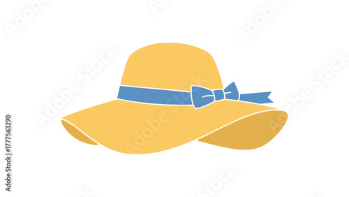 A yellow sun hat with a blue ribbon and bow