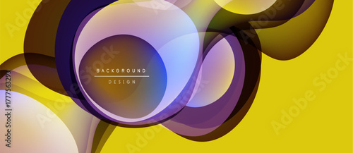 Abstract flowing shapes, vibrant colors, modern design. Yellow backdrop complements purple, blue, brown elements. Smooth gradients create dynamic visual effect.