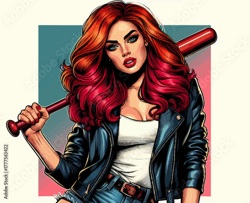 fierce woman with red hair, wearing a leather jacket and holding a baseball bat over her shoulder. Generative ai vector colorful pop art illustration.