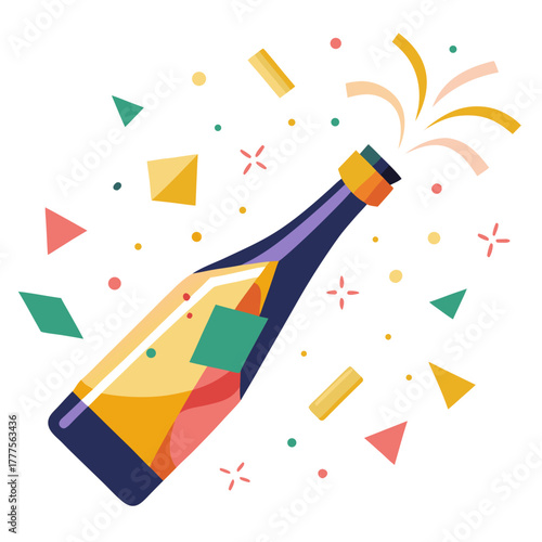Celebration champagne bottle with confetti and streamers isolated on transparent background