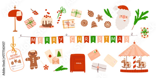 Vector festive set of postal envelopes. Various Christmas envelopes, letters, postcards, stamps, tags, ginger bread cookies, red mailbox. Holiday garland decor. Santa Claus mail.