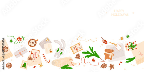 Christmas gifts preparation horizontal banner. Letter and boxes in wrappings with bows and branches, gingerbread cookies, cute toys, decoration. Seamless vector illustration on white background.