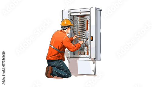 An electrician wearing an orange hard hat and jacket kneeling beside an open electrical panel