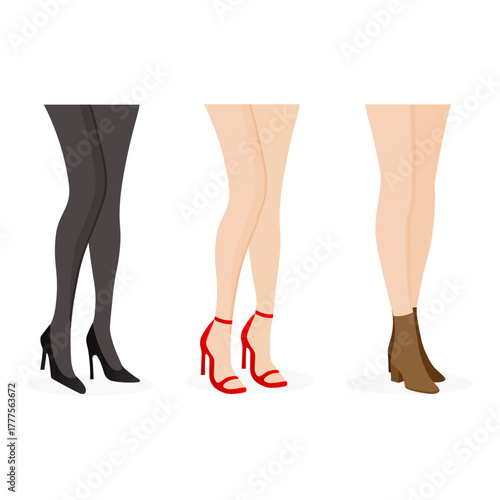 Female legs in different shoes illustration of fashionable footwear. Vector illustration