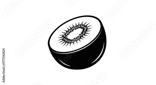 Black and white illustration of a halved kiwi fruit, showcasing its seeds and texture.
