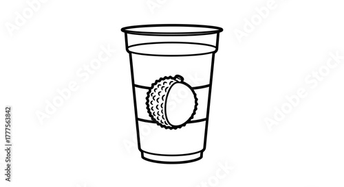 Illustration of a drink in a clear plastic cup with a lychee fruit design.