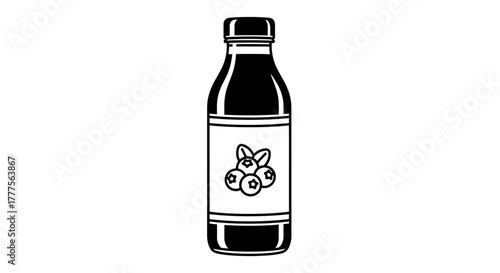 Illustration of a bottle filled with dark liquid, featuring a label with a blueberry design.