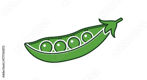 Illustration of a bright green pea pod containing four round peas, isolated on a white background.