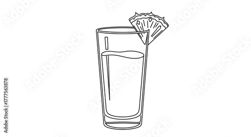 Illustration of a clear glass filled with a liquid, garnished with a pineapple slice.