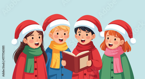 Four children, wearing festive hats and scarves, singing carols from a book.