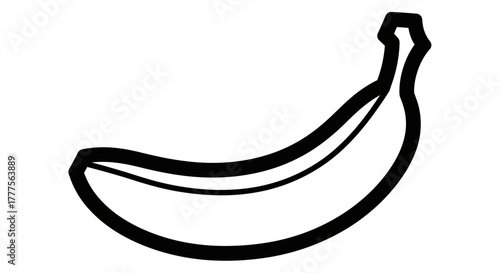 Simple line art illustration of a curved banana, outlined in black, against a white background.