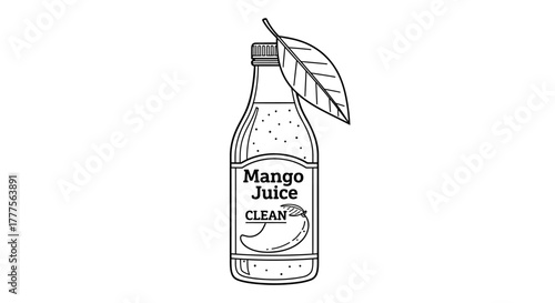 Line art illustration of a mango juice bottle with a leaf, showcasing a refreshing beverage.