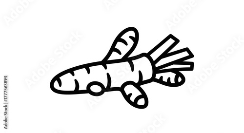 A stylized line drawing of a turmeric root with sprouts, presented in a minimalist, graphic style.