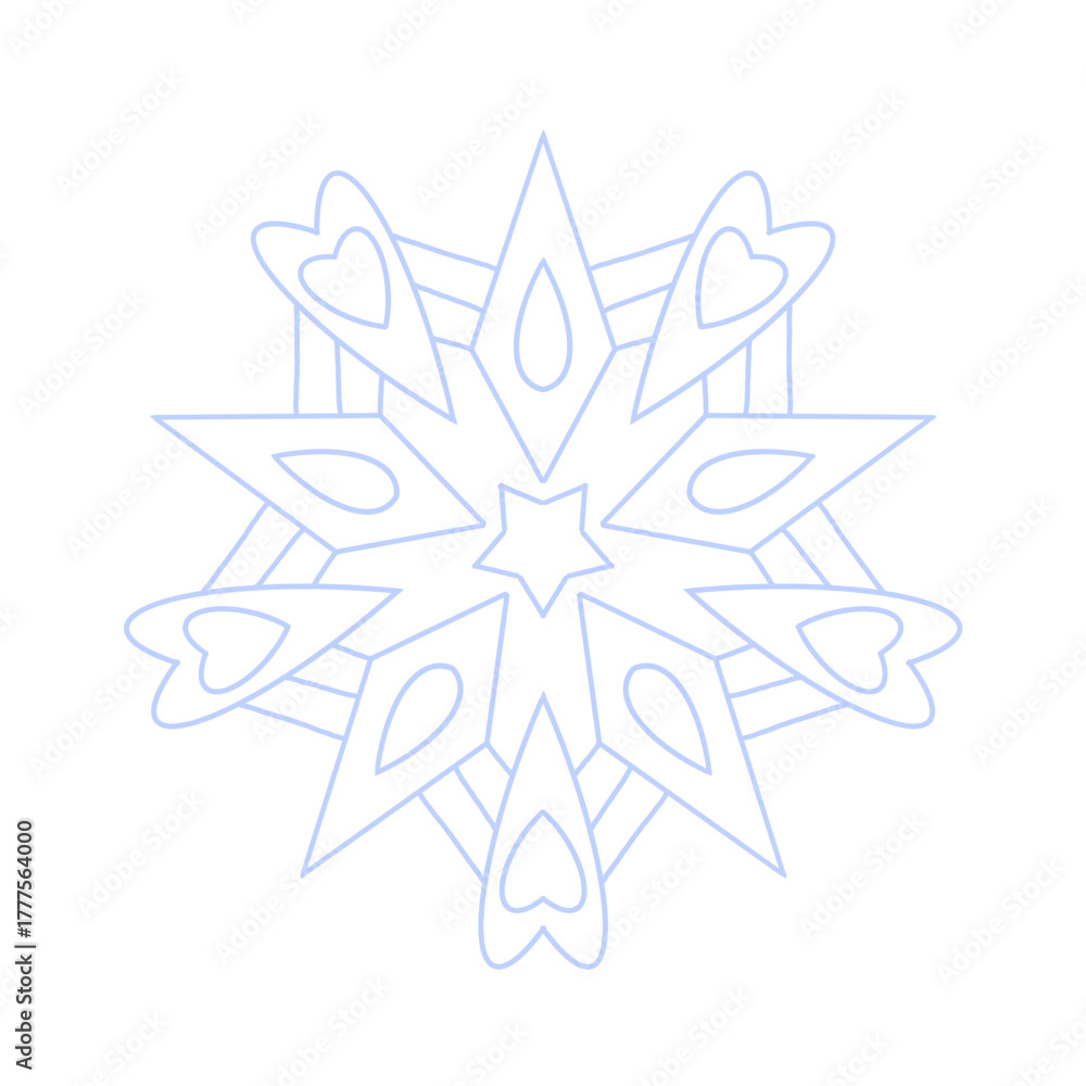 Obraz premium Snowflake icon vector. Detailed icy blue line art symbol with star center, isolated on white. Perfect for winter decor, Christmas cards, stickers, logo, and digital design.