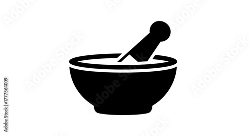 Black silhouette of a mortar and pestle, tools used for grinding substances, isolated on a white background.