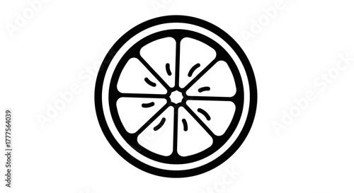 A black and white graphic illustration of a sliced citrus fruit, showing the segments and rind.