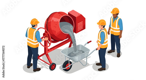 Illustration of construction workers operating a cement mixer and pouring concrete into a wheelbarrow on a construction site.