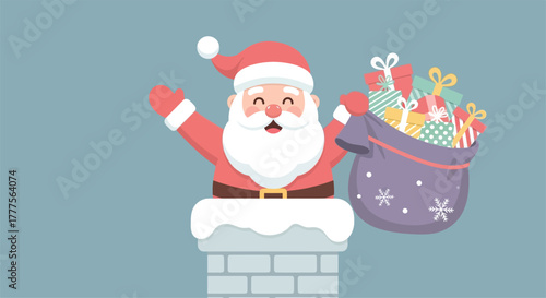 Cheerful Santa Claus emerging from a chimney, holding a gift-filled sack, spreading holiday cheer.