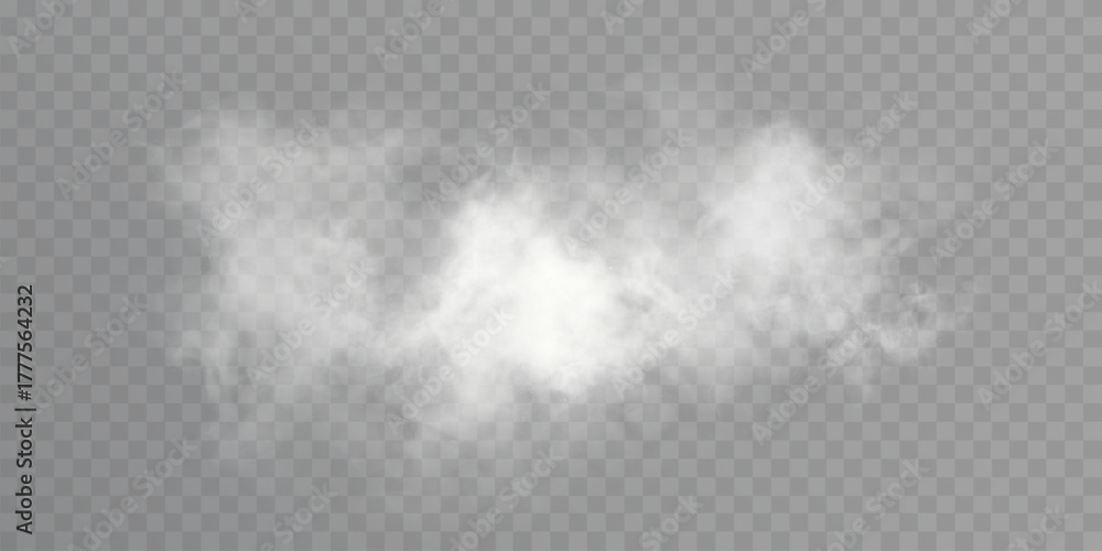 Naklejka premium Realistic soft white smoke cloud on transparent background, airy mist element for weather, magic, explosion or decor scenes.