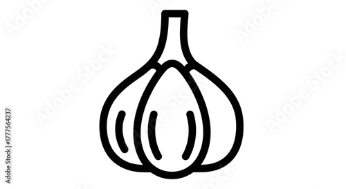 Line art depiction of a garlic bulb with visible cloves and stem, isolated on white.