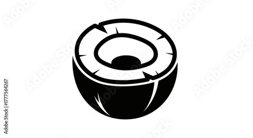 A halved coconut is depicted in a minimalist, black and white vector illustration.