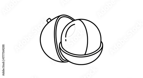 A black and white illustration of a halved cantaloupe melon, showing detail.