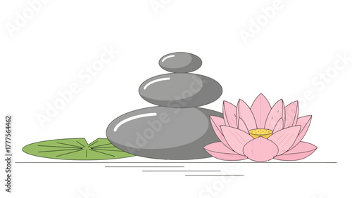 Stacked grey stones beside a pink lotus flower and green lily pad