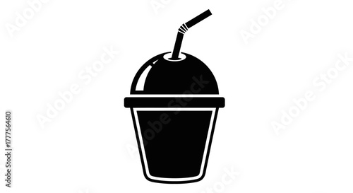 Black and white graphic illustration of a disposable cup with a dome lid and straw.