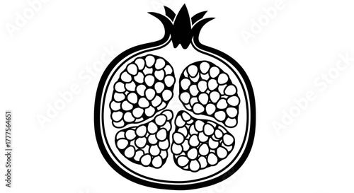 A black and white illustration of a pomegranate cut open, revealing the seeds.