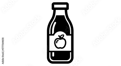 Simple black and white illustration of a juice bottle with apple label.