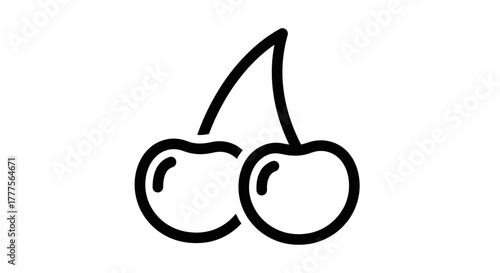 Simple black and white illustration of two cherries with a stem, isolated.