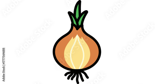 Illustration of a brown onion with green sprouts and roots on a white background.