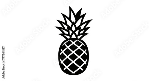 A stylized black and white illustration of a single pineapple fruit.