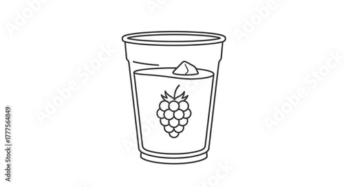A transparent cup containing a refreshing drink with ice and a berry design.