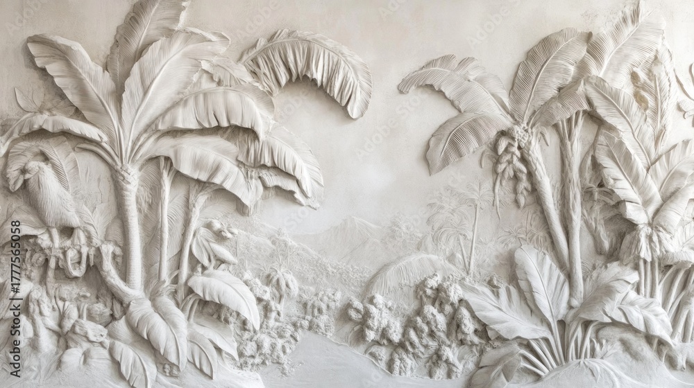 Fototapeta premium Intricate wall relief of tropical plants, foliage, mountains, and birds in white plaster