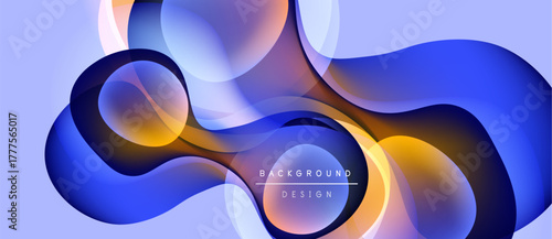 Abstract fluid shapes overlap, creating vibrant color gradients. Modern design with blue, orange, purple hues. Background features text elements.