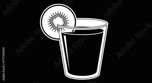 Illustration of a glass filled with a dark liquid, garnished with a kiwi slice on the rim.