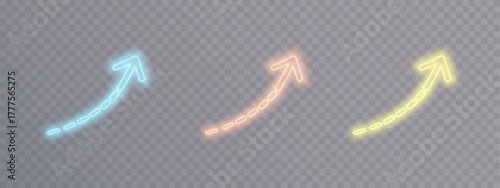 Set of glowing curved arrows in blue, peach and yellow colors on transparent background. Decorative highlight element for infographics, UI and promo design.