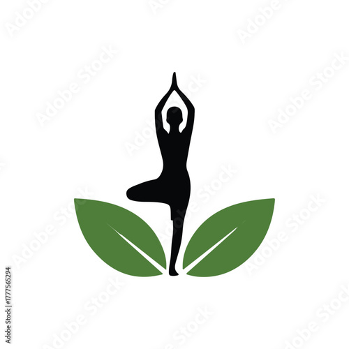 Yoga Tree Pose Logo with Green Leaves, Wellness and Nature Balance Design