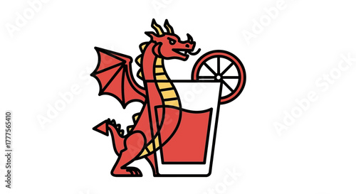 A red dragon illustration stands next to a refreshing beverage with a citrus garnish.